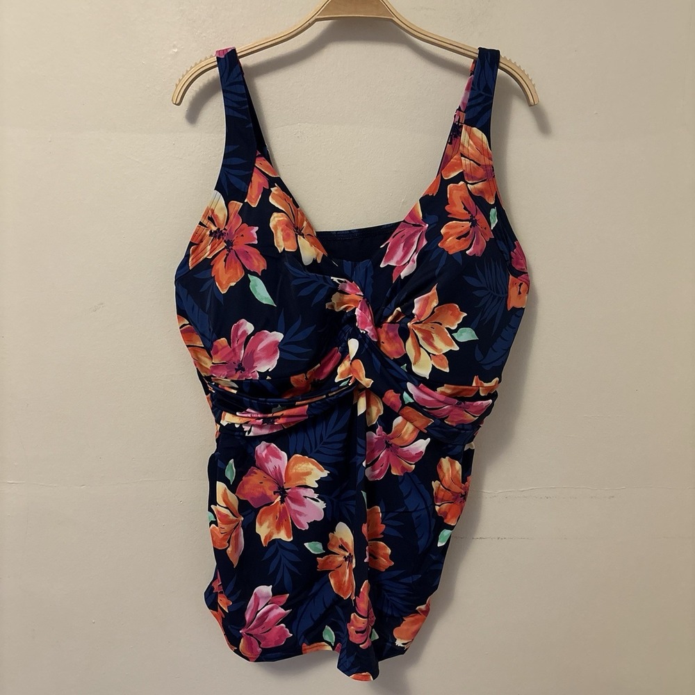Lands' End Tankini Swim‎ Top Blue Floral 22W Underwire Bra Ruched Tropical